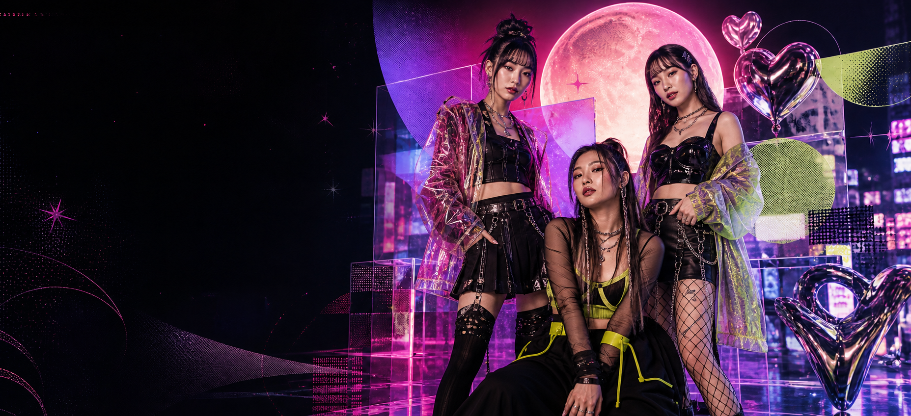 Three adult East Asian Waifu Wonderland creators in neon Japanese street-fashion editorial styling